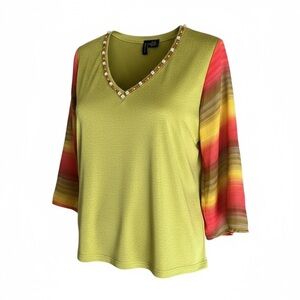 LYNN RITCHIE Top Knit Jersey Silk and Striped Silk Bell Sleeves Beaded Neck Sz M